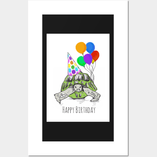 Happy Birthday Tortoise in Party Hat Posters and Art